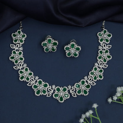 Floral Station Rhodium Necklace with Continuous Collar Design