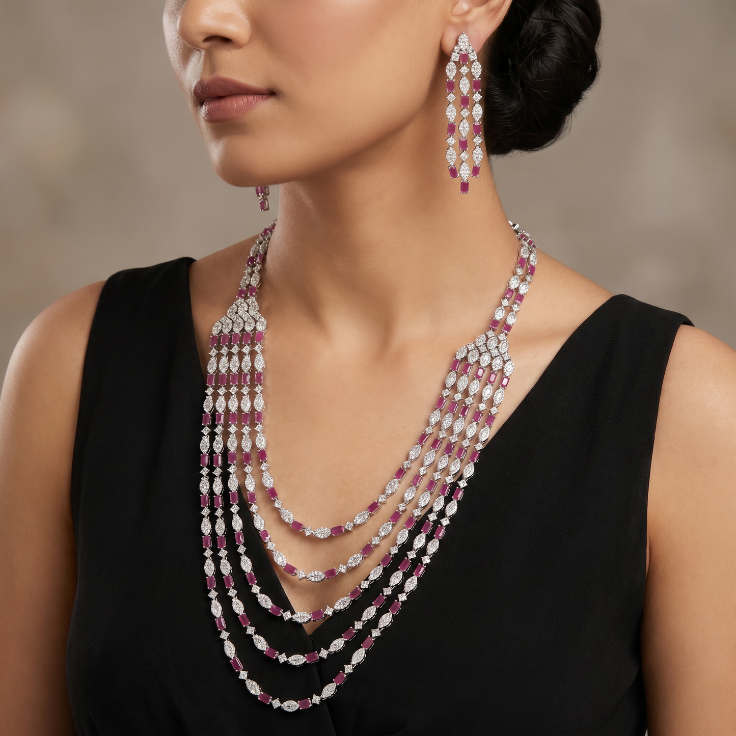 Rhodium long haara with articulated strands and balanced drape