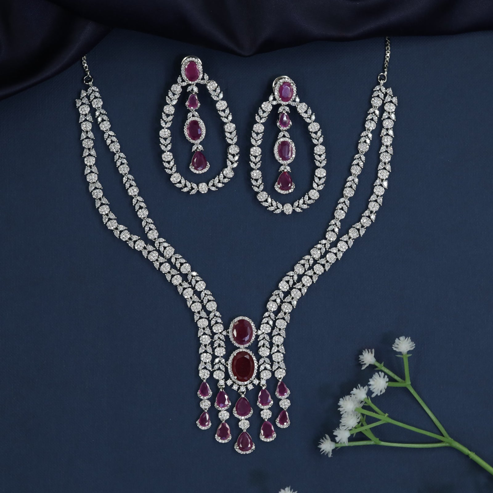 Y-drop rhodium necklace with cascading pendant accents