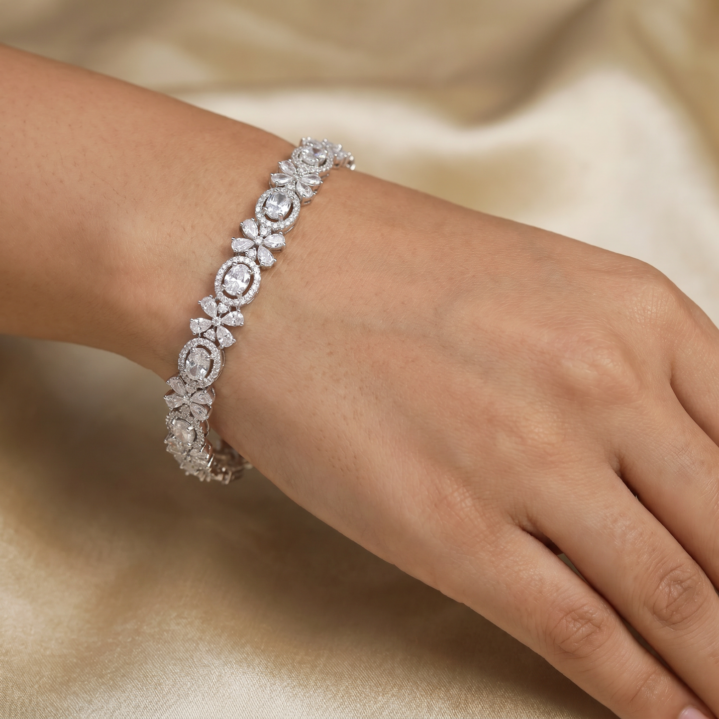 Rhodium Bracelet with Oval Crystal Link Design