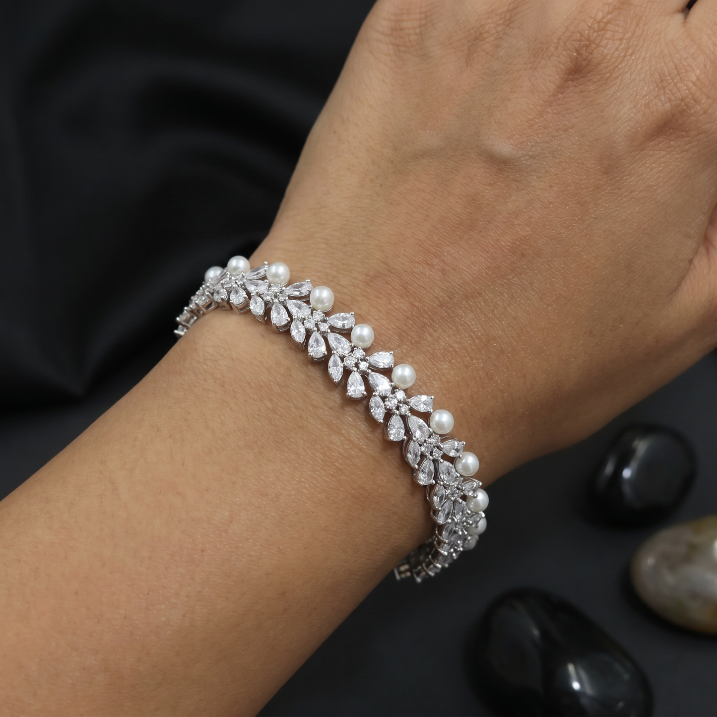 Rhodium Bracelet with Leaf Vine Crystal Design