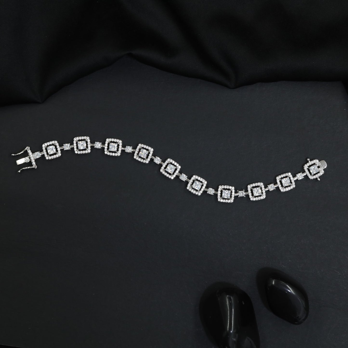 Rhodium Bracelet with Double Square Halo Motifs