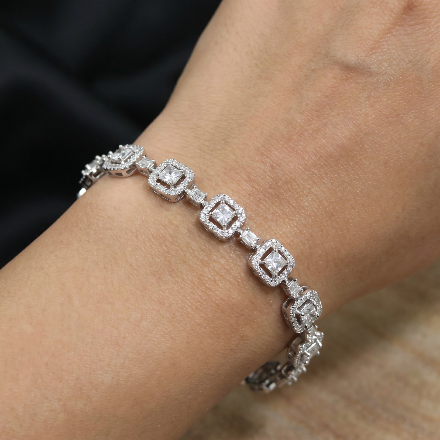 Rhodium Bracelet with Double Square Halo Motifs