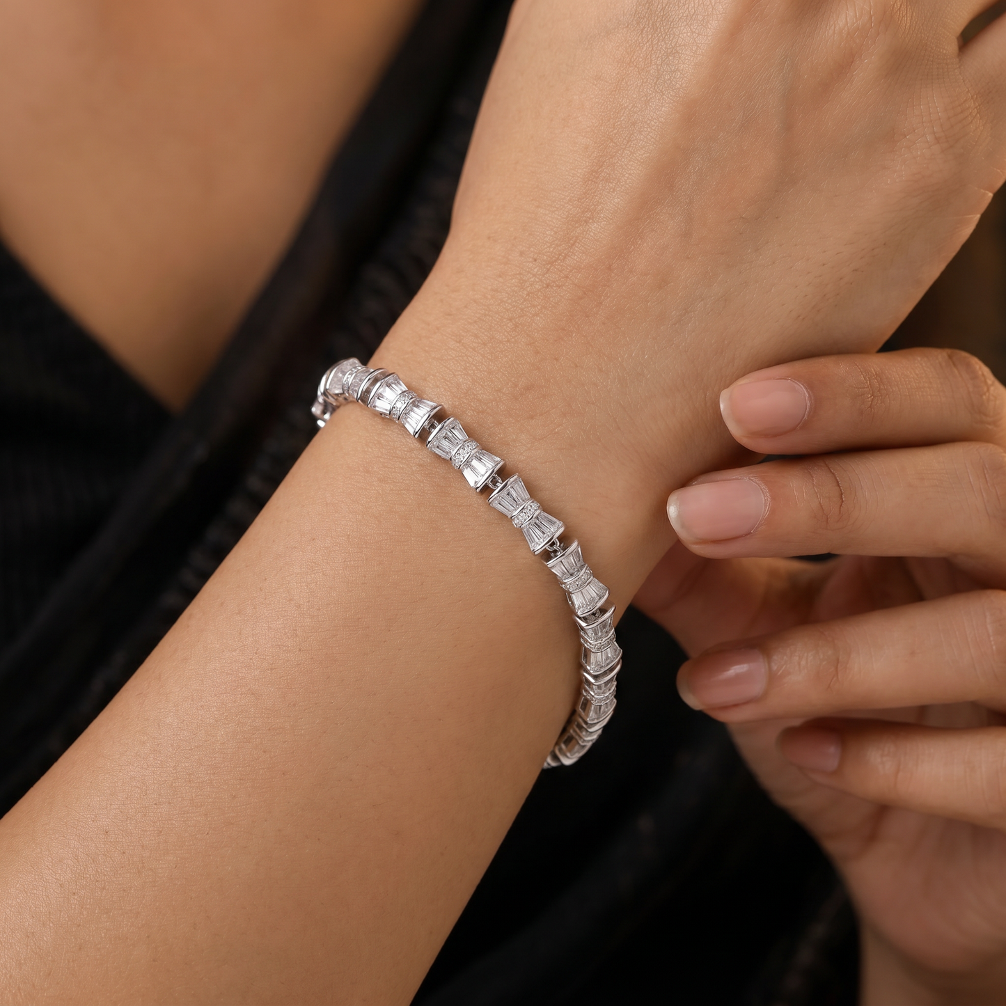 Rhodium Bracelet Featuring Alternating Baguette Knot Links