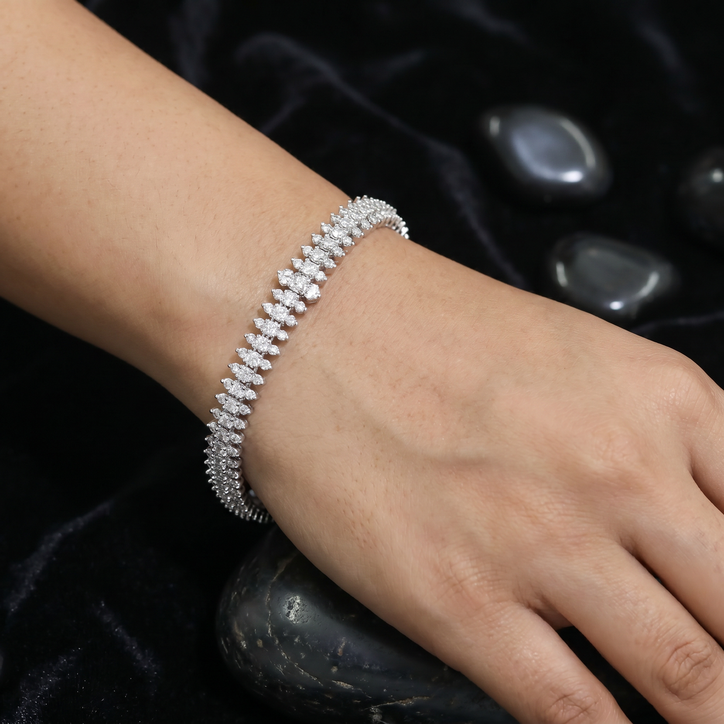 Rhodium Bracelet Featuring Double Row Leaf Design