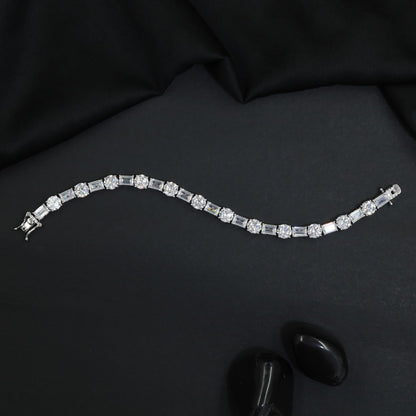Rhodium Bracelet Featuring Rectangular and Floral Links