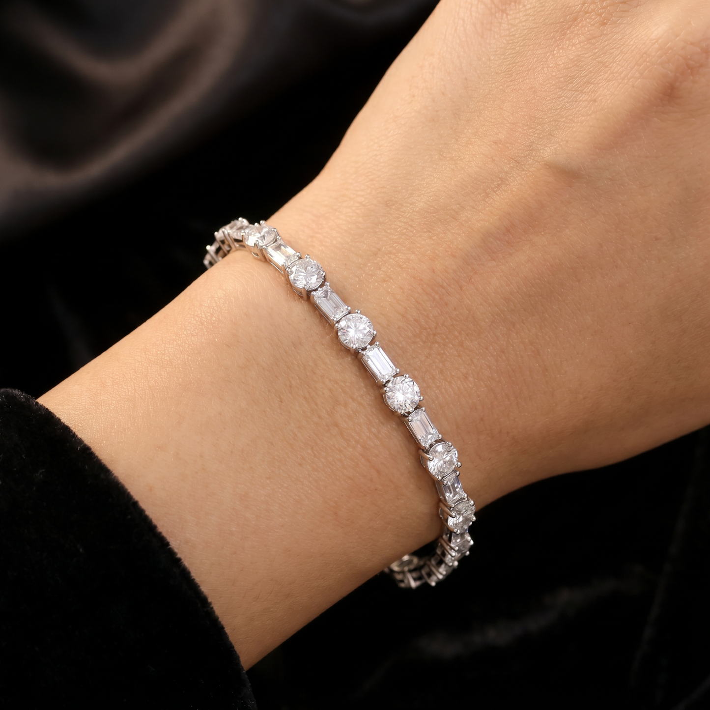 Rhodium Bracelet Featuring Rectangular and Floral Links