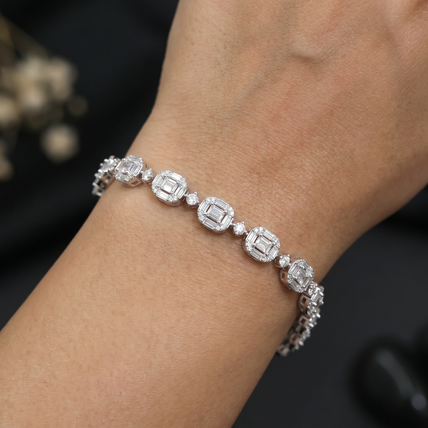 Rhodium Bracelet with Repeating Baguette Pattern Motifs