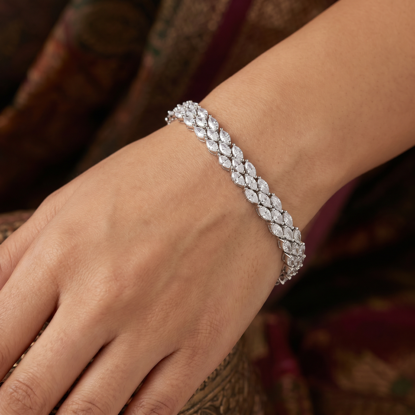 Rhodium Bracelet Showcasing Interwoven Marquise Elements