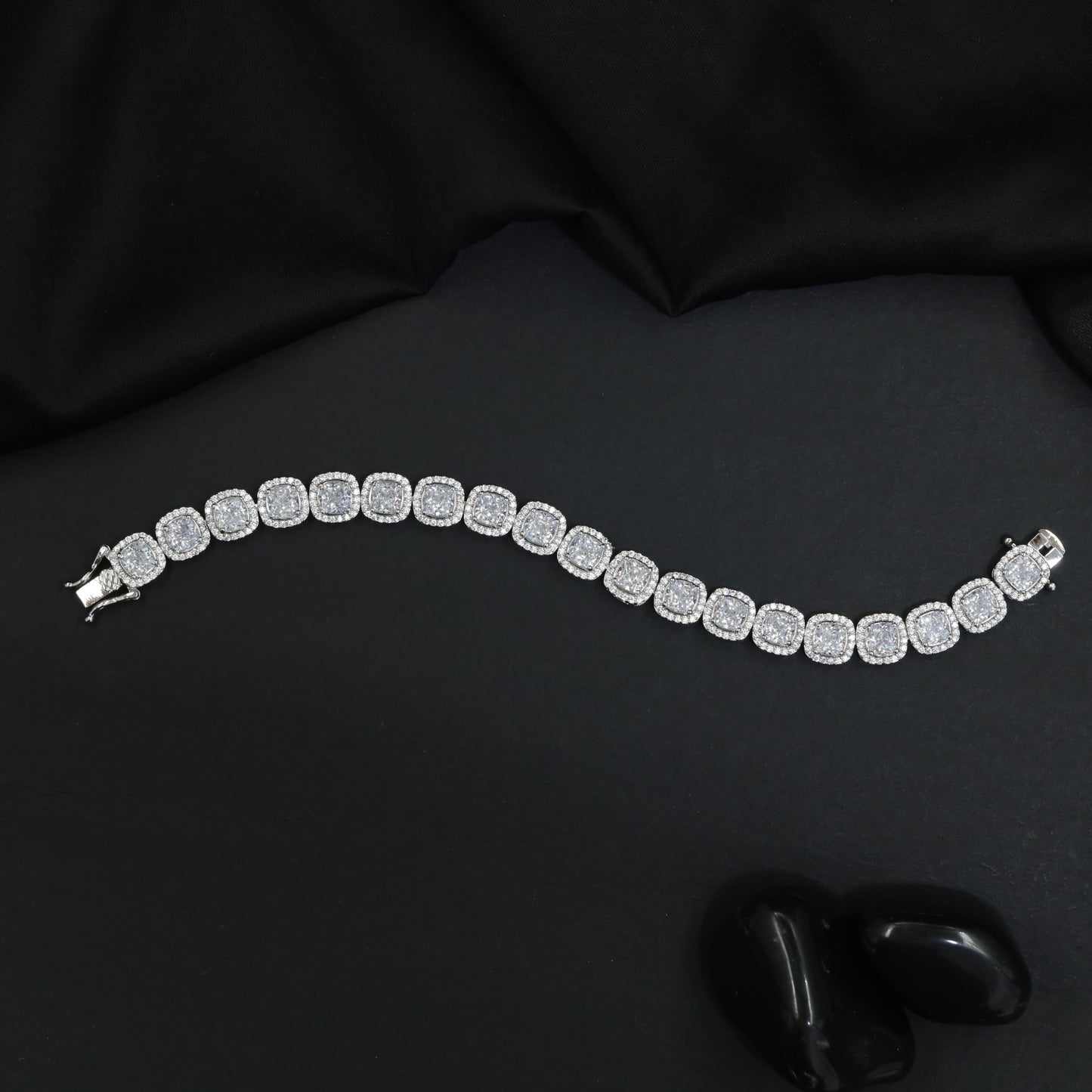 Rhodium Bracelet Featuring Continuous Cushion Halo Links