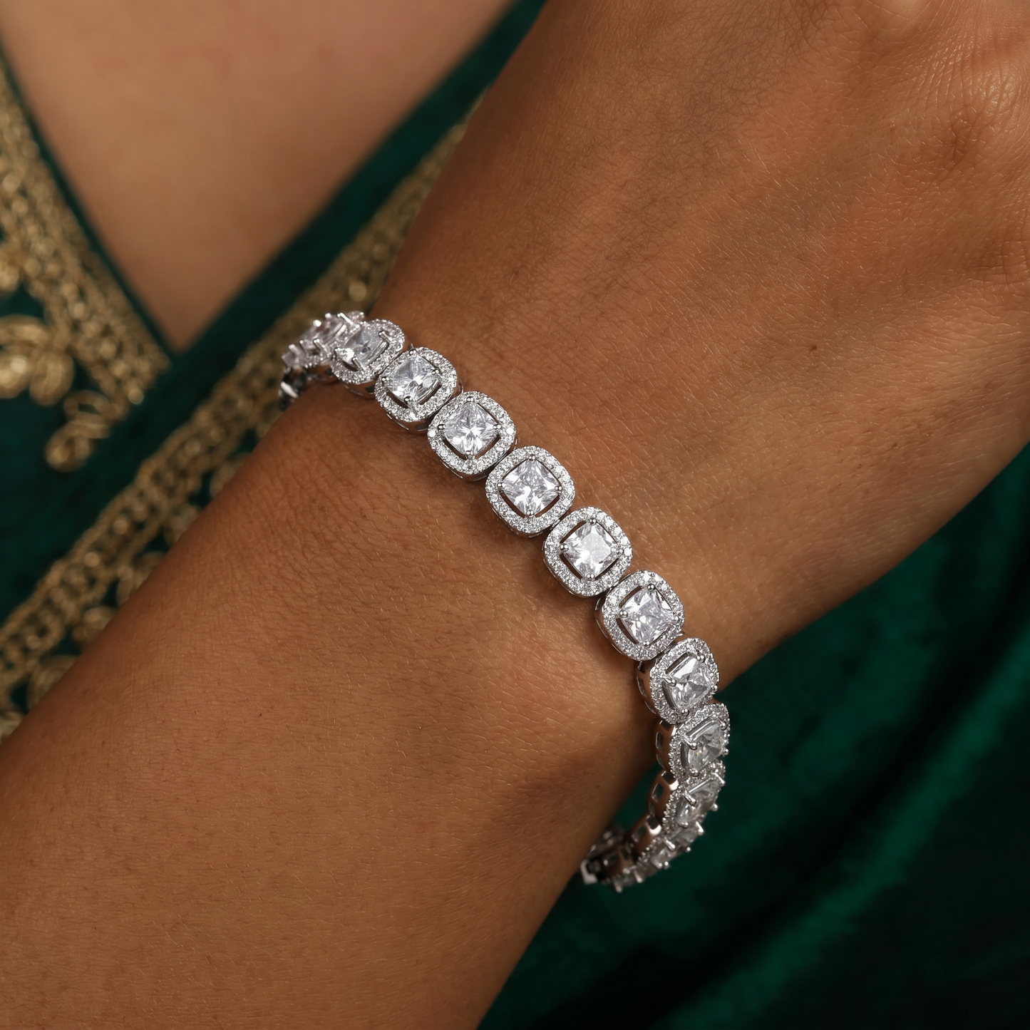 Rhodium Bracelet Featuring Continuous Cushion Halo Links