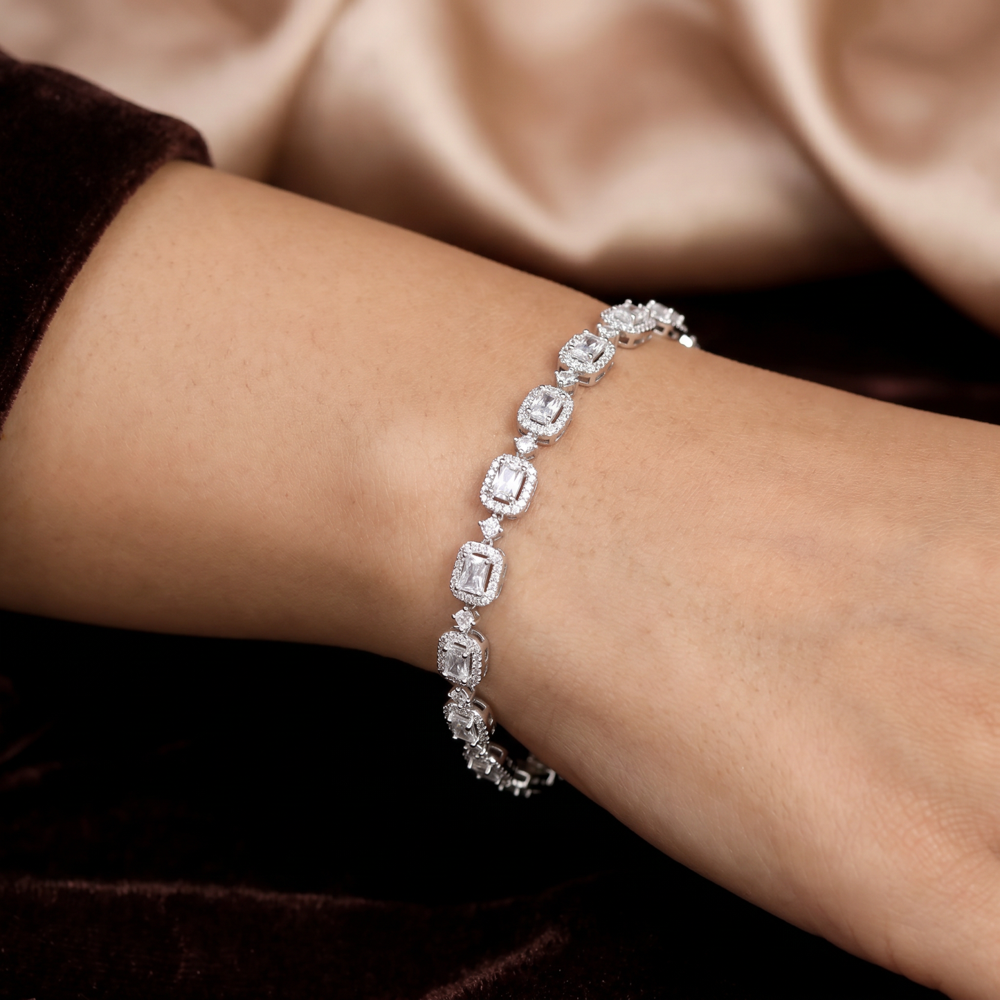 Rhodium Bracelet with Alternating Cushion and Floral Motifs