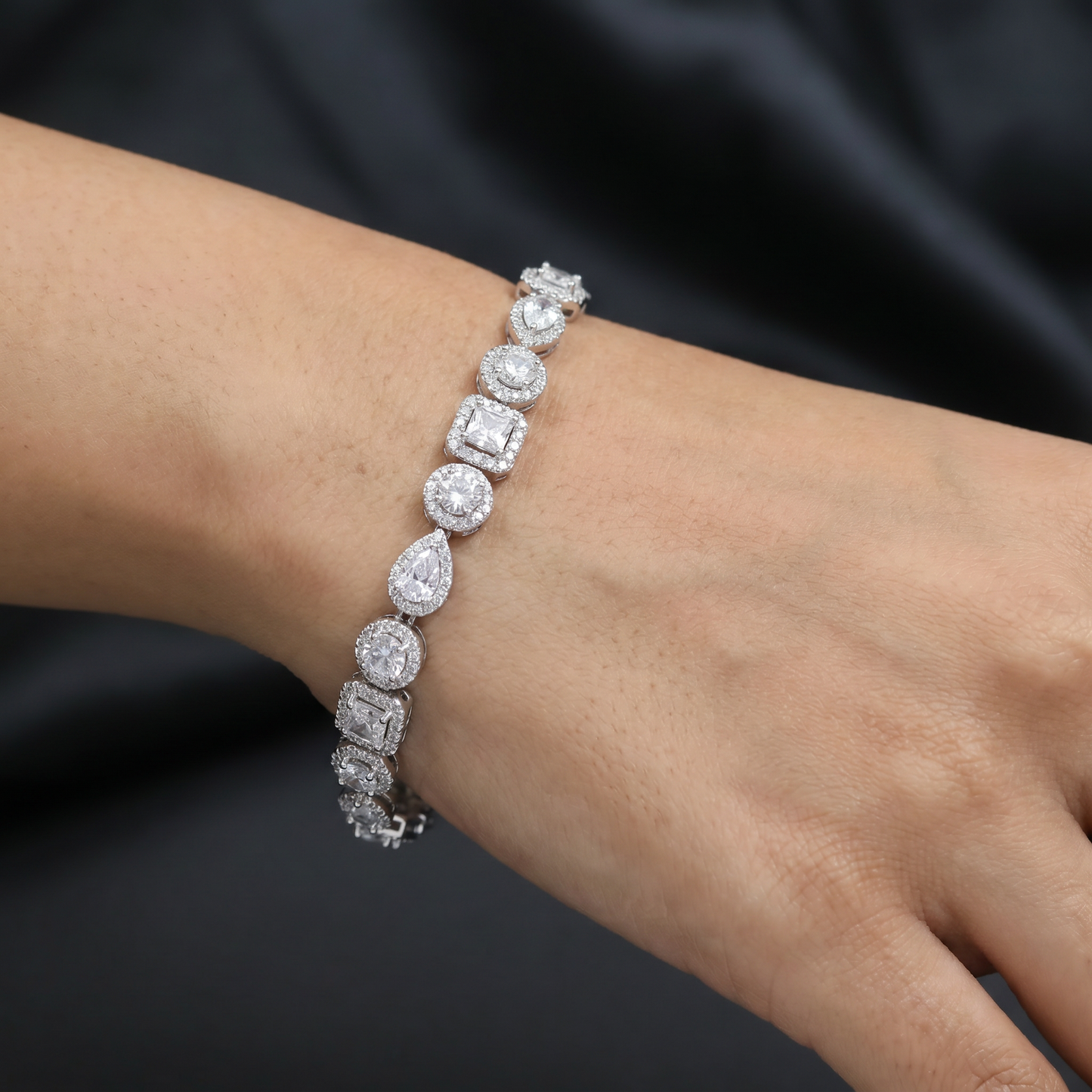 Rhodium Bracelet with Decorative Mixed Shape Arrangement