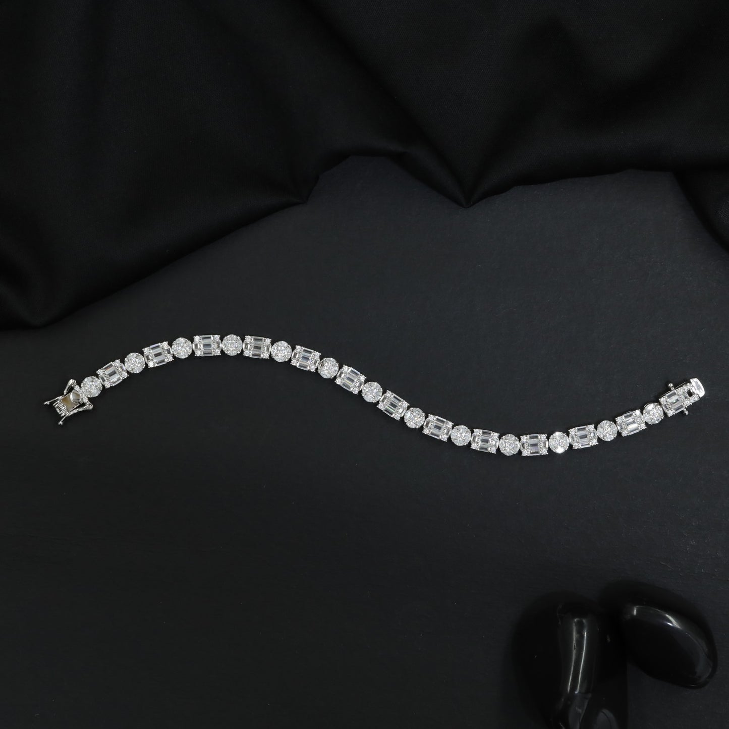 Baguette and Round Floral Rhodium Bracelet