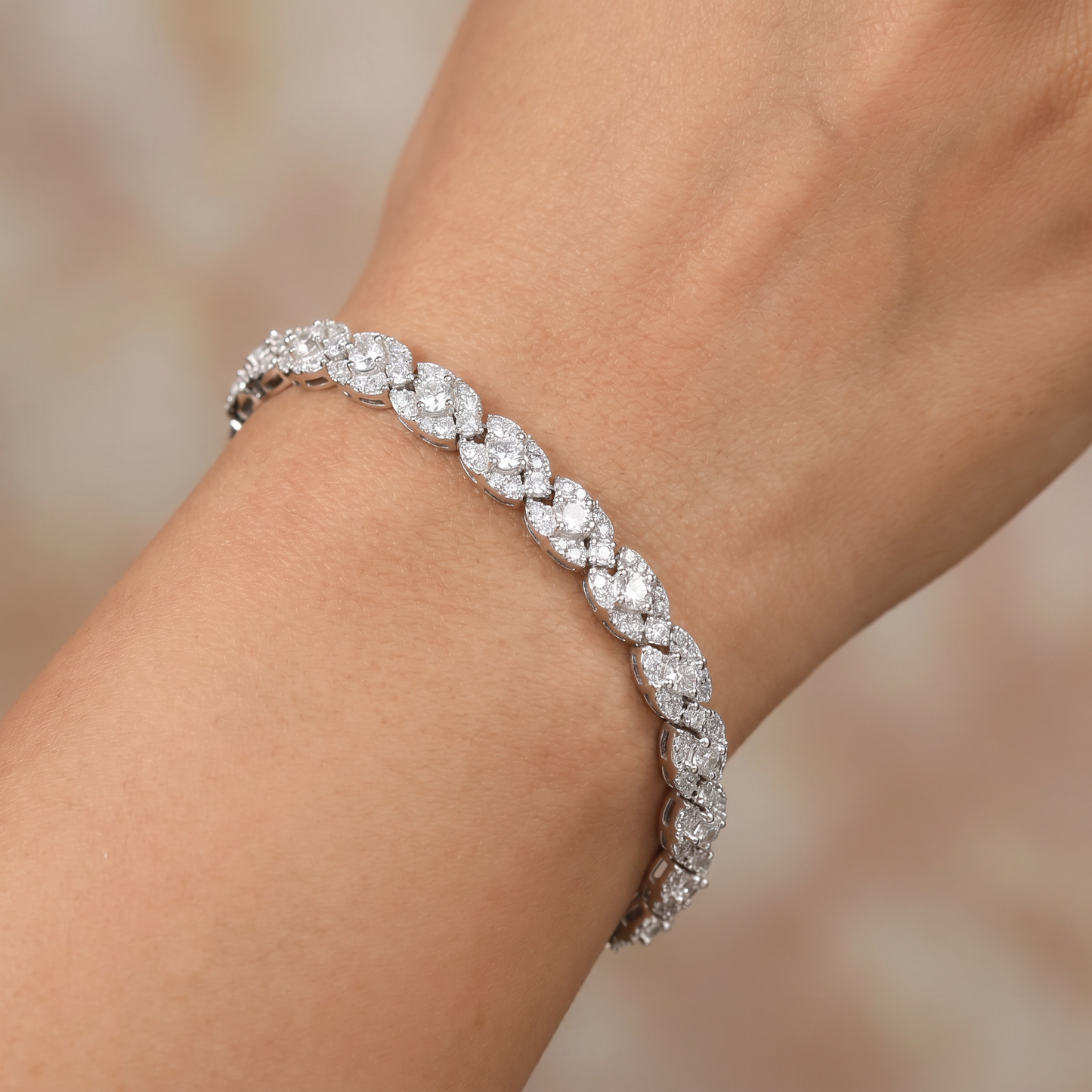 Rhodium Bracelet Featuring Continuous Marquise Cluster Design