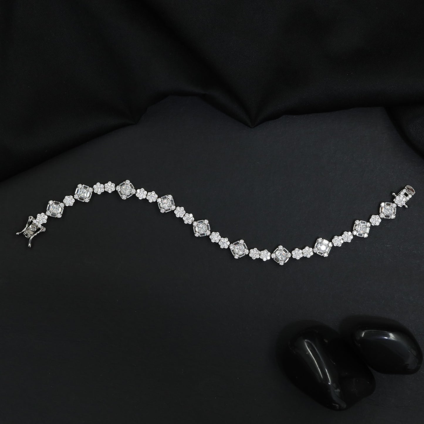 Cushion Floral Link Rhodium Bracelet