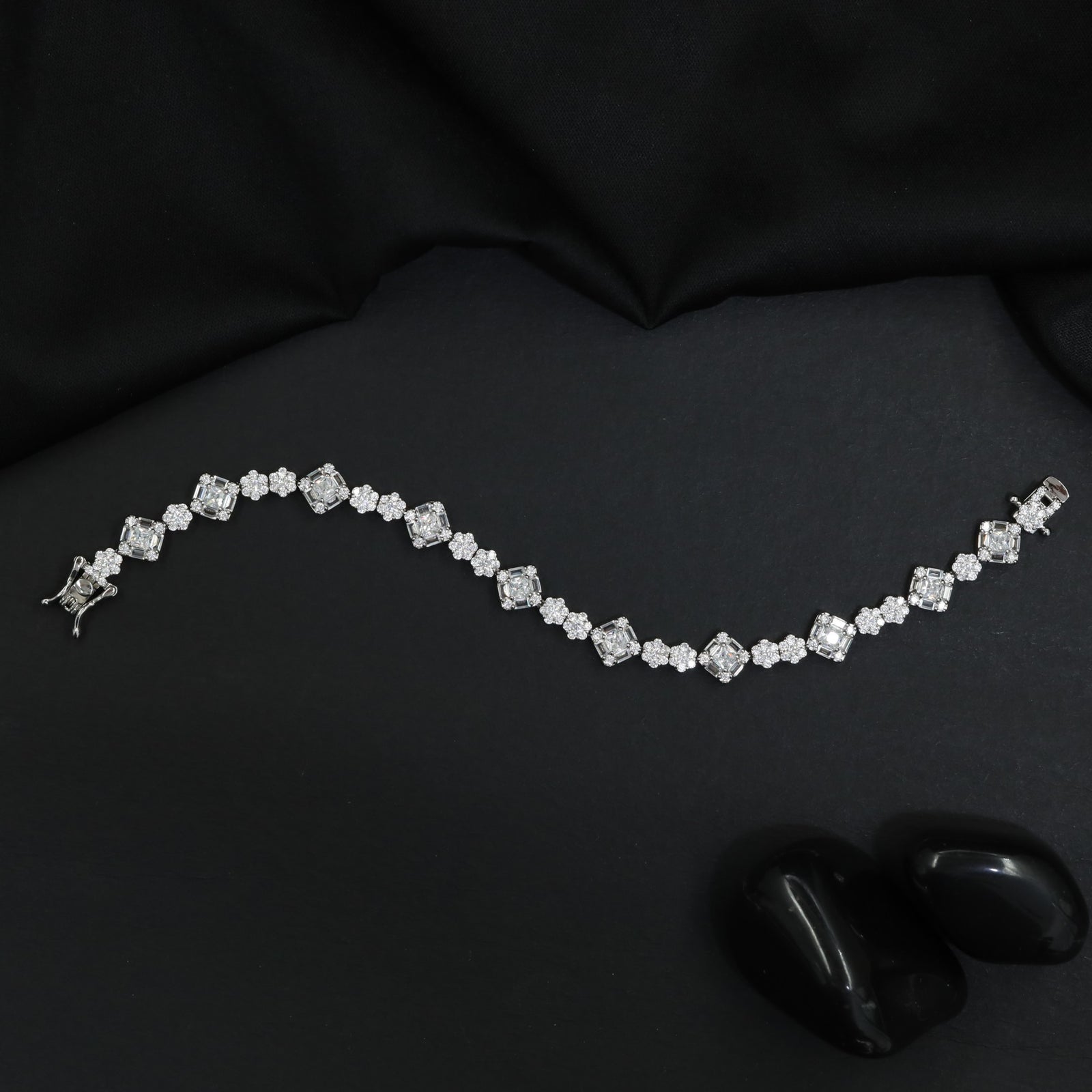 Cushion Floral Link Rhodium Bracelet