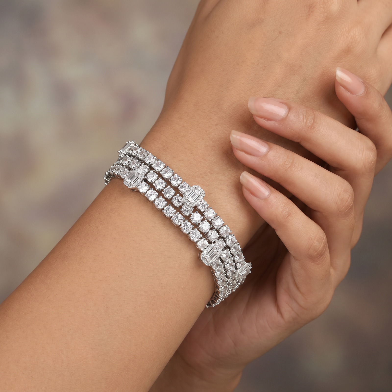 Rhodium Bracelet with Parallel Floral Link Arrangement
