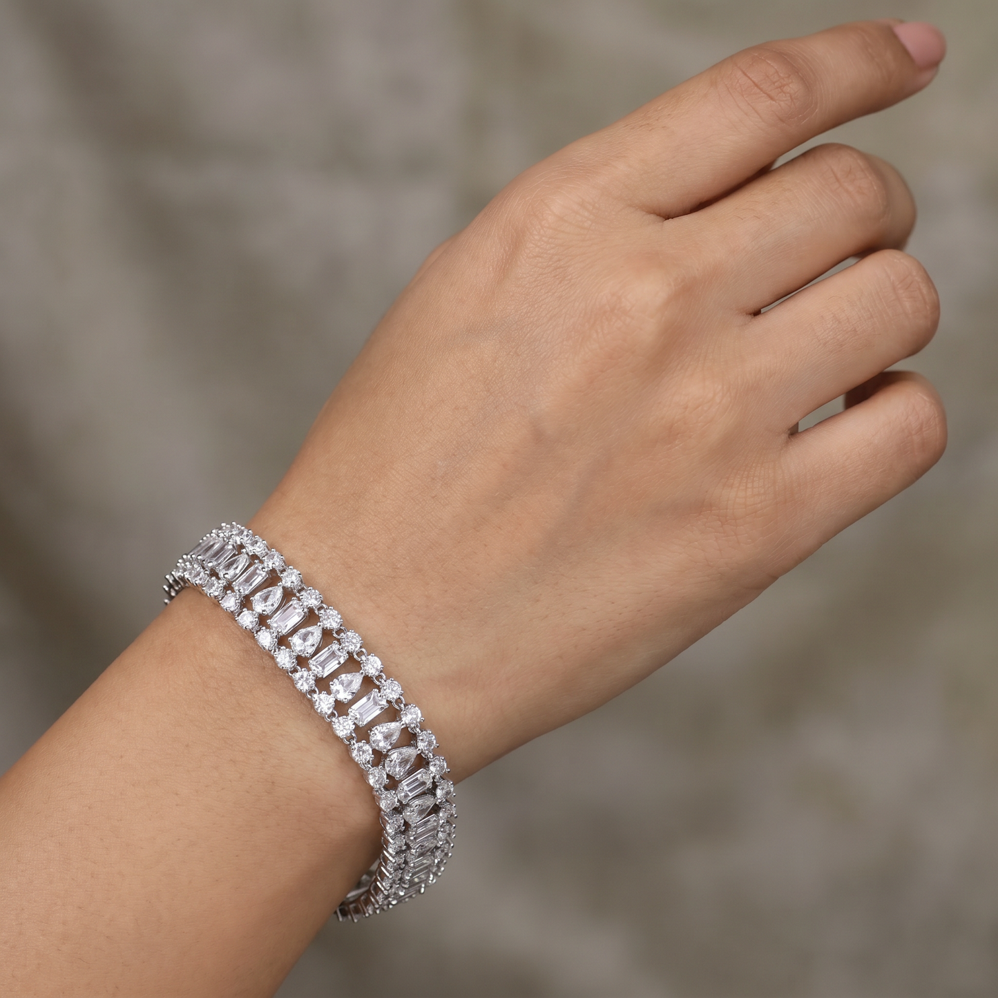 Rhodium Bracelet with Structured Baguette Arrangement
