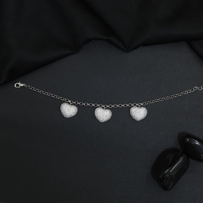 Triple Heart Charm Rhodium Bracelet