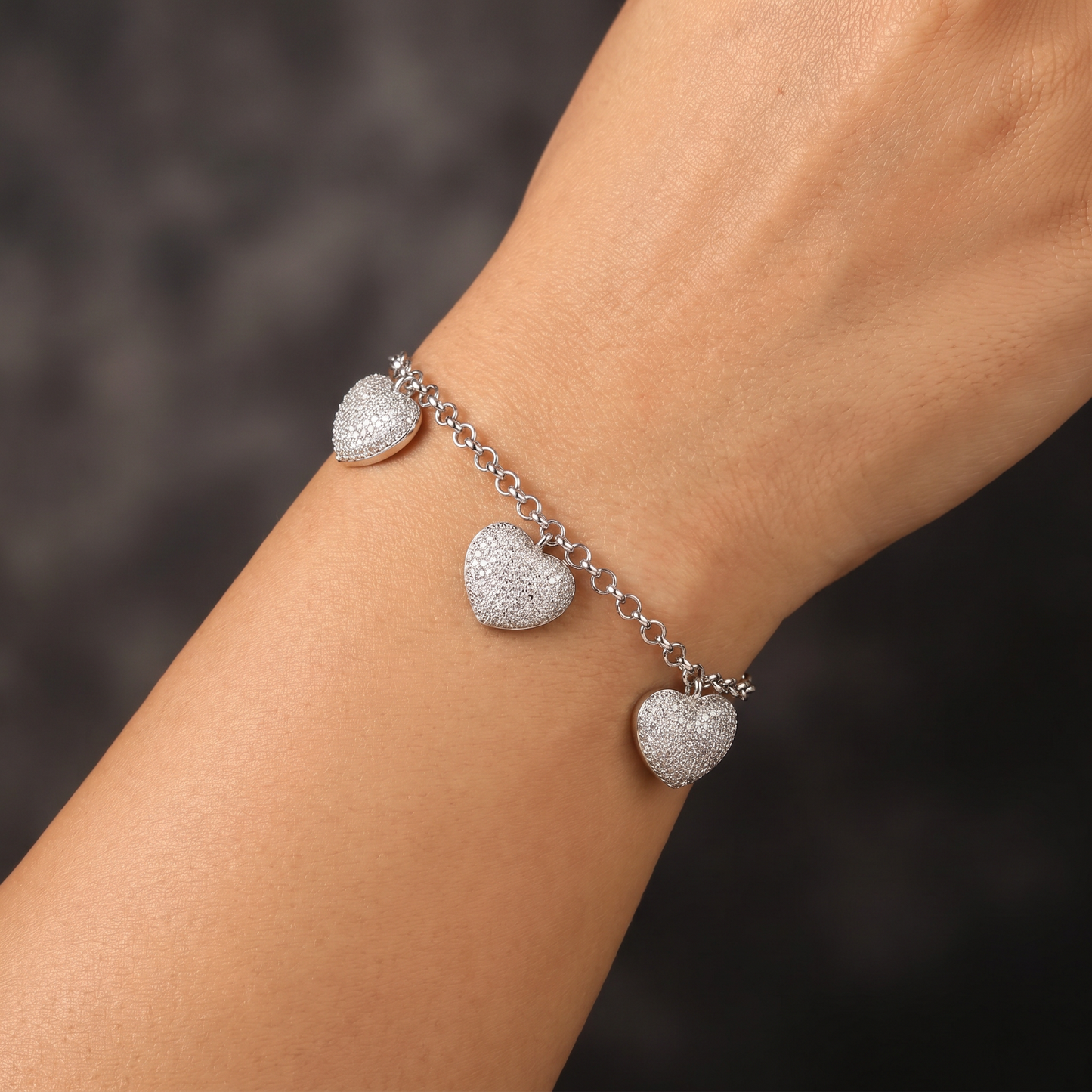 Triple Heart Charm Rhodium Bracelet