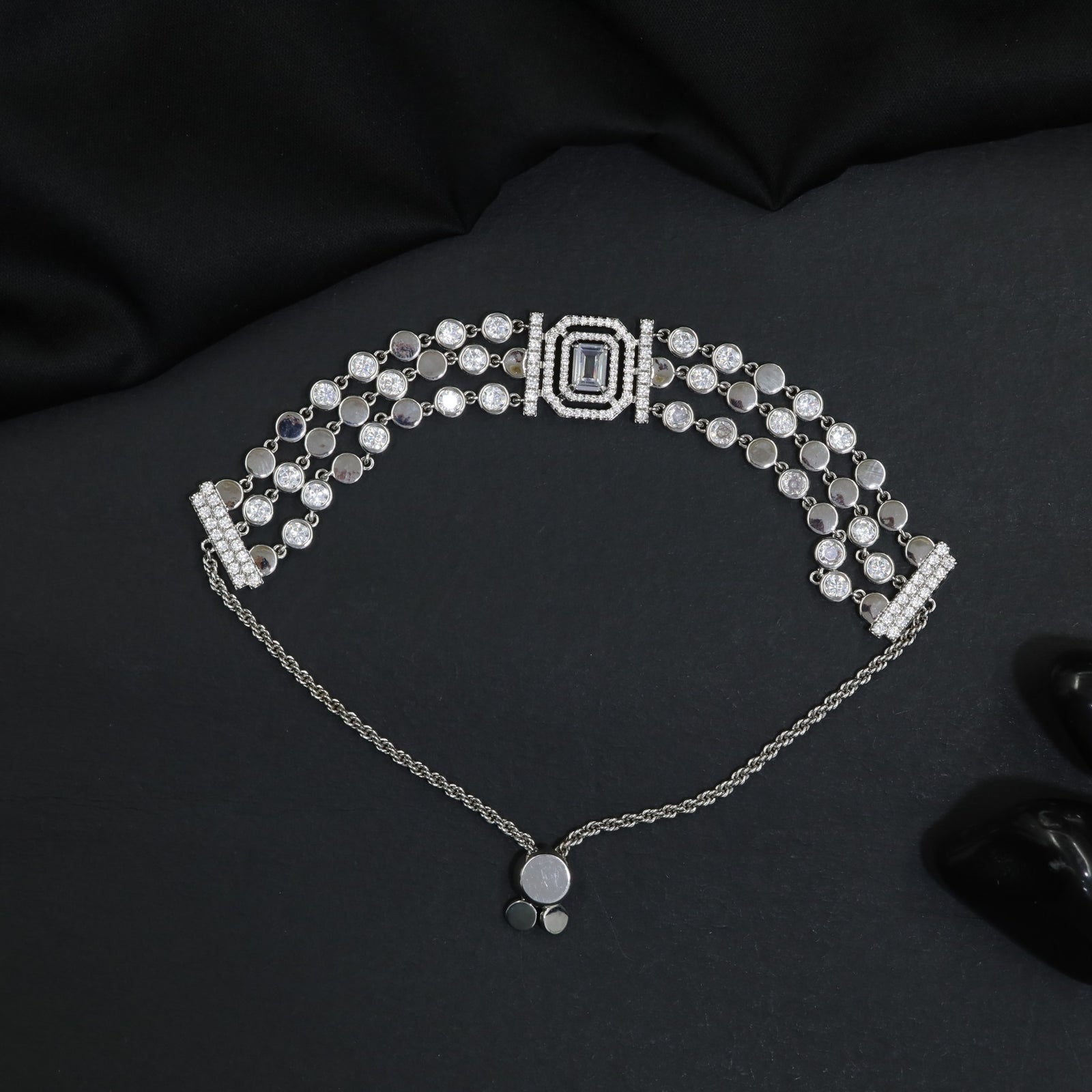 Rhodium Bracelet with Square Halo Centrepiece and Multi Strand Design