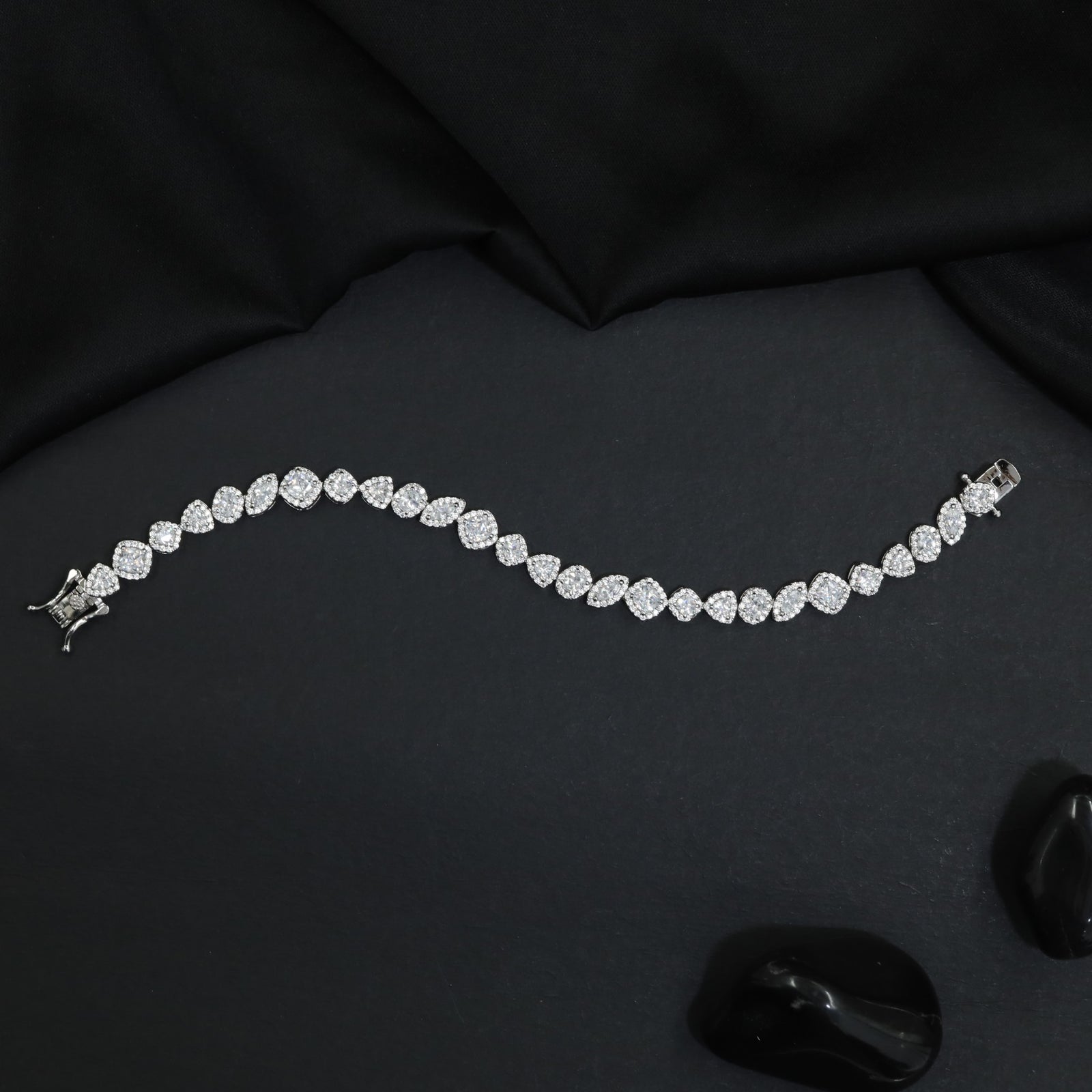 Rhodium Bracelet with Interconnected Pear and Marquise Elements