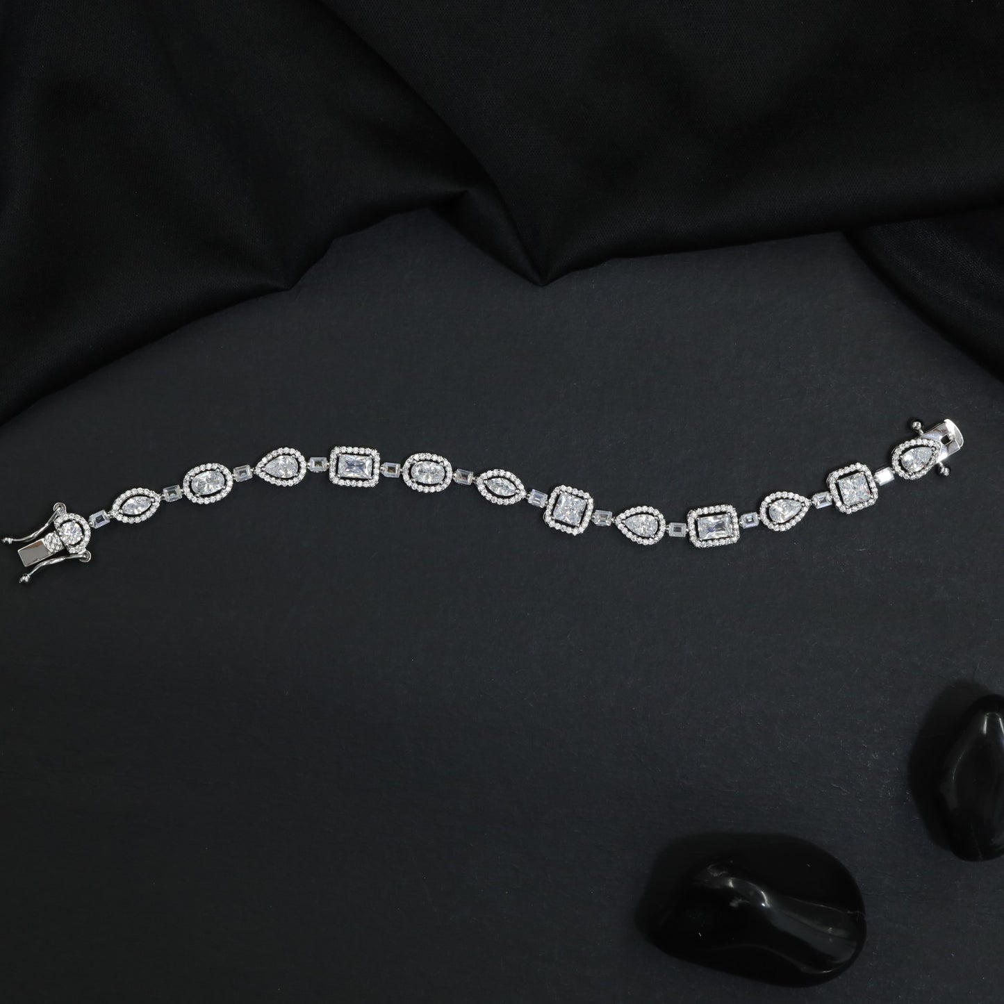 Rhodium Bracelet with Alternating Cushion Frame Links