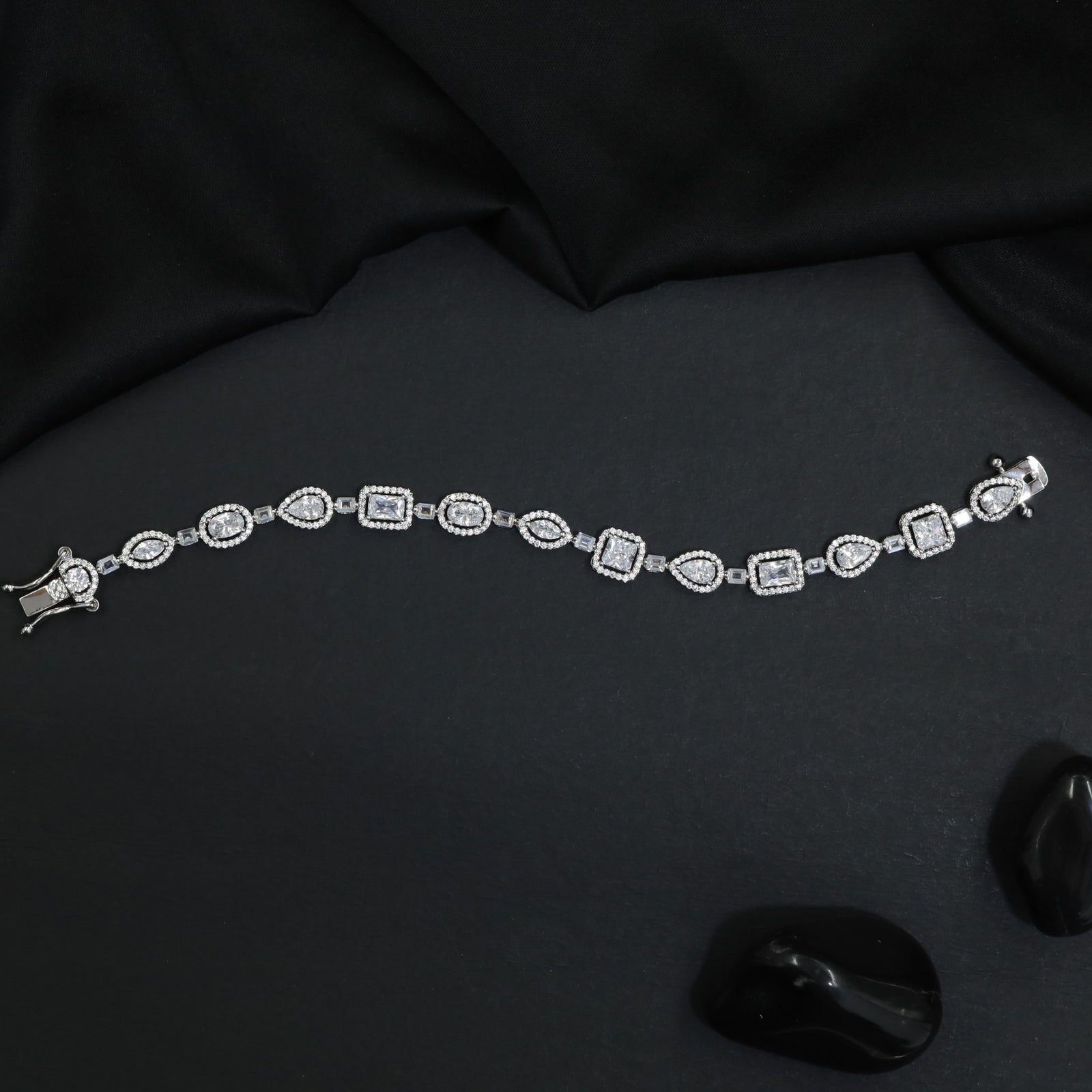 Rhodium Bracelet with Alternating Cushion Frame Links