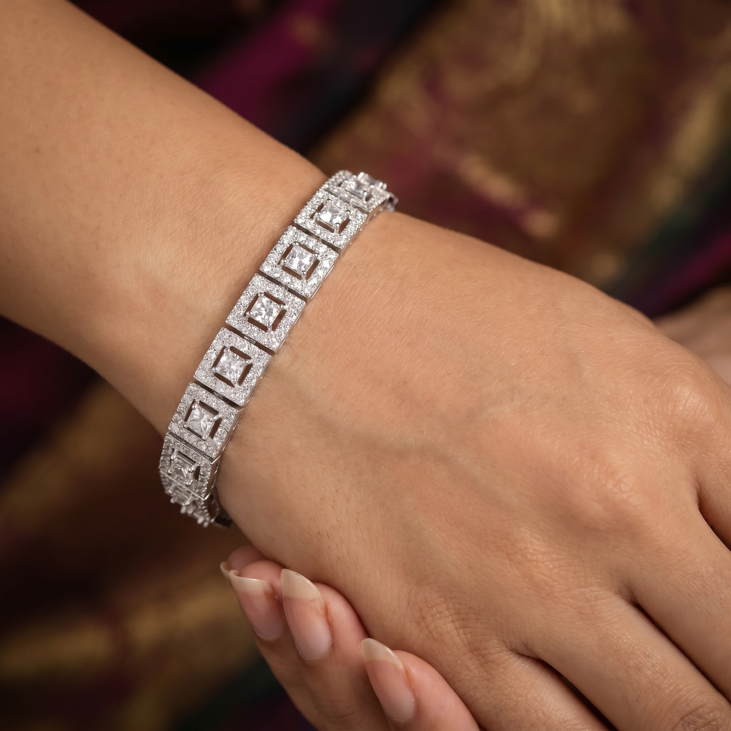 Rhodium Bracelet with Interconnected Geometric Links