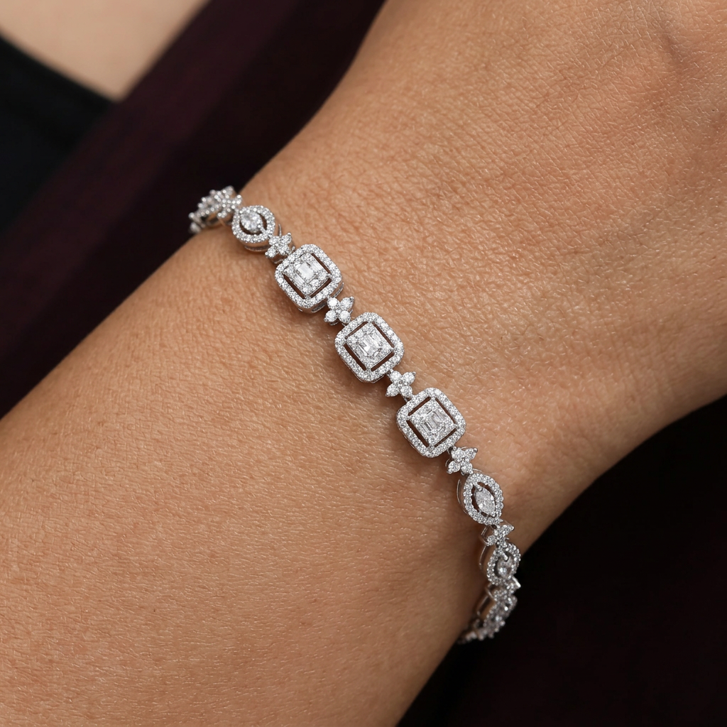 Rhodium Bracelet with Openwork Square Motifs and Elongated Links