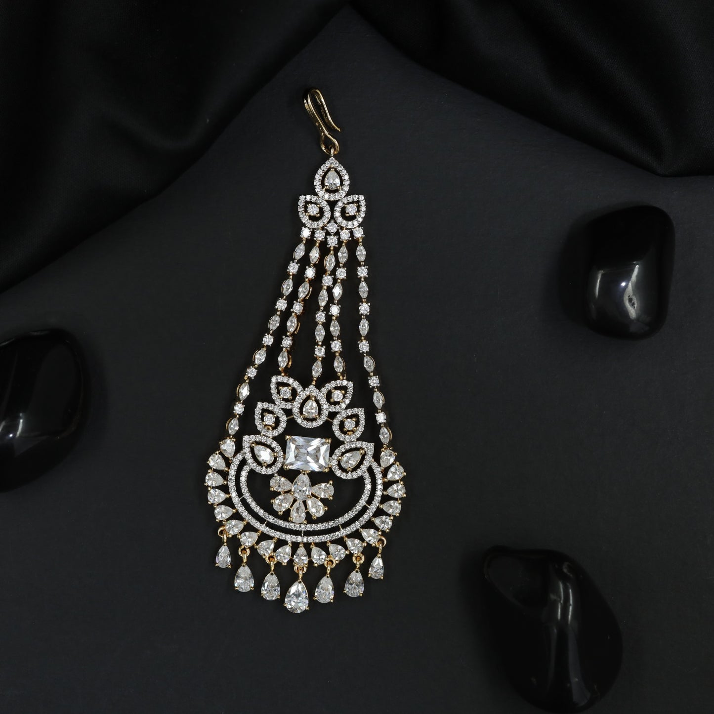 Grand Gold Polish Jhumar with Ornamental Floral Composition and Drops