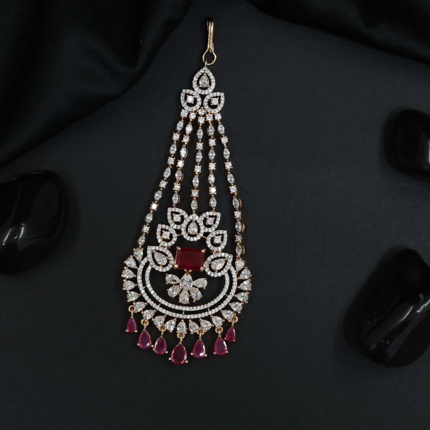 Grand Gold Polish Jhumar with Ornamental Floral Composition and Drops