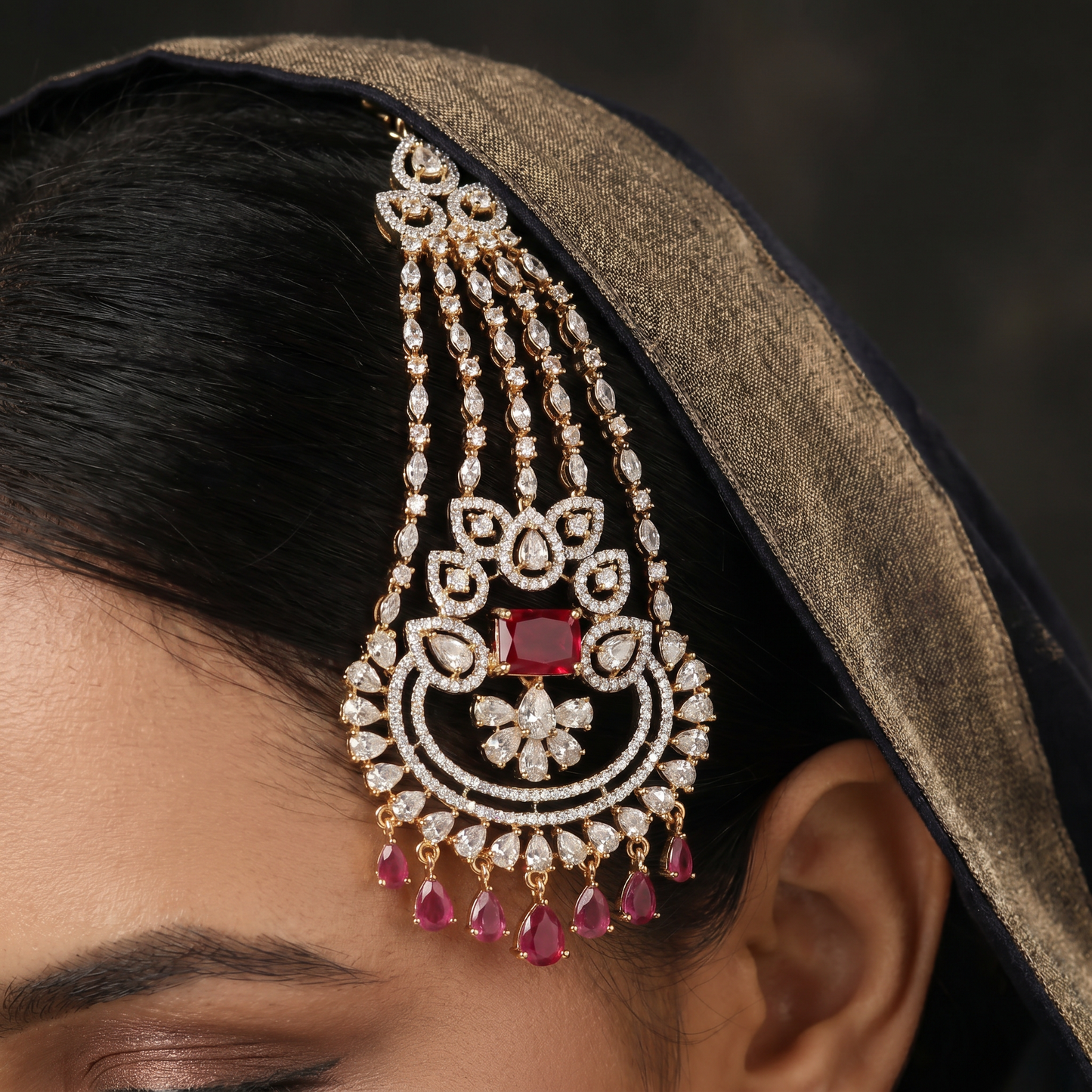 Grand Gold Polish Jhumar with Ornamental Floral Composition and Drops
