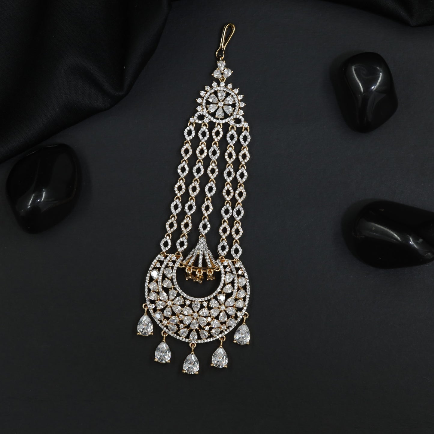Artisan Gold Polish Jhumar with Layered Circular Motifs and Danglers