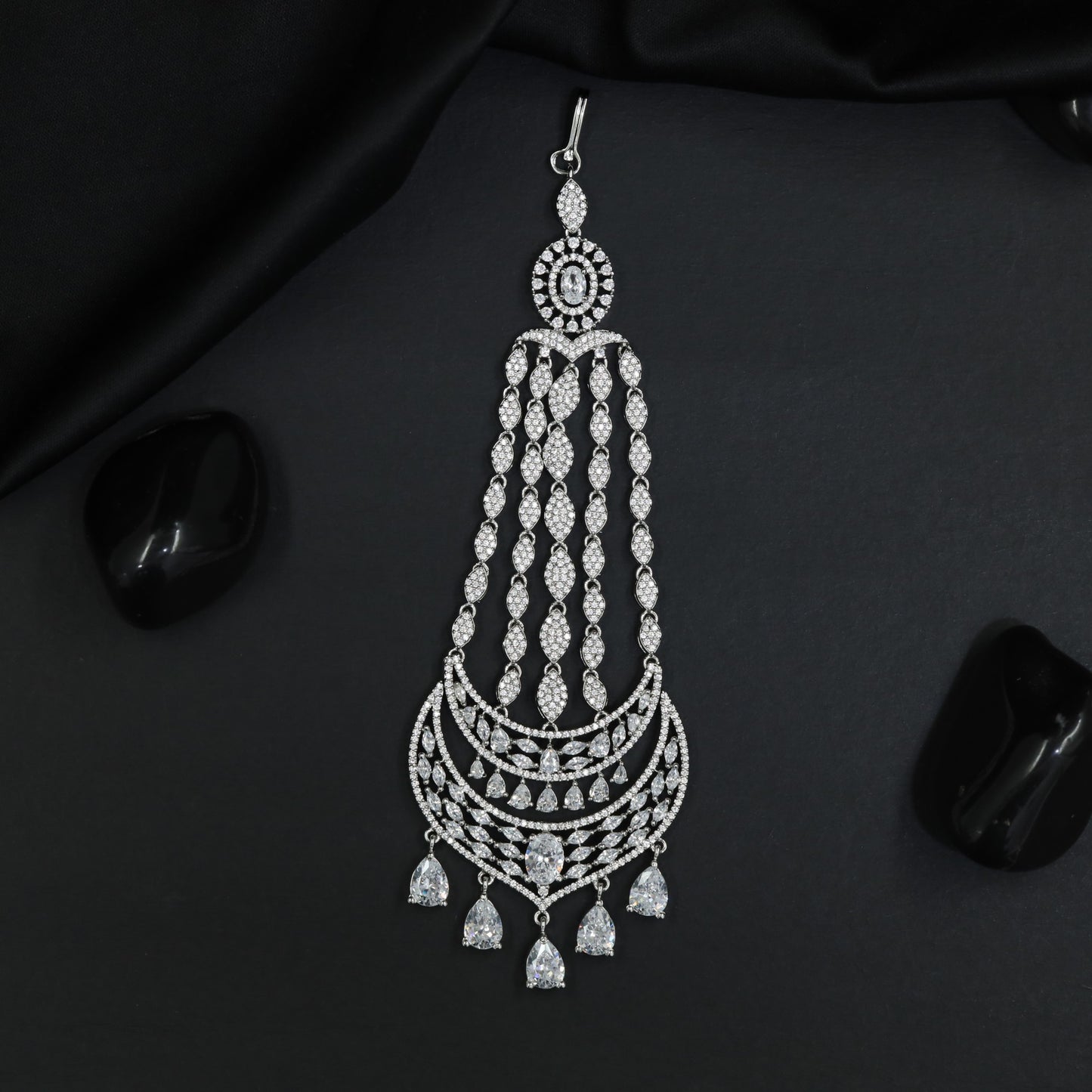 Luxury Rhodium Jhumar with Draped Chains and Crescent Centrepiece