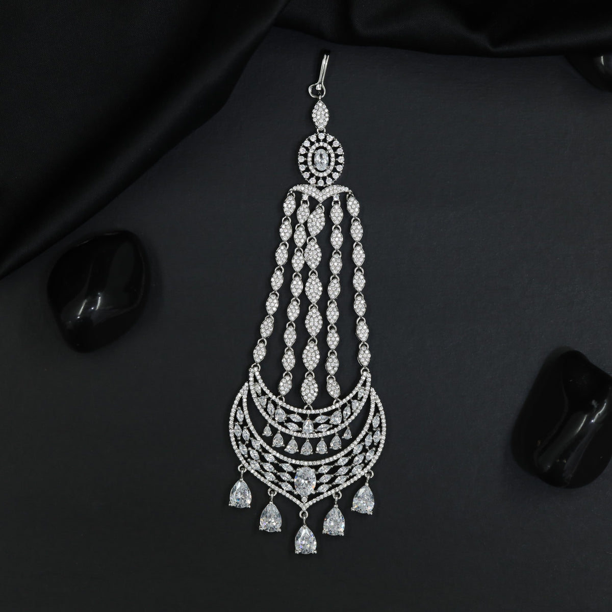 Rhodium Jhumar with Draped Chains and Crescent Centrepiece