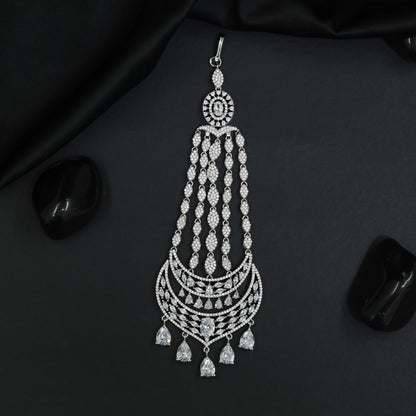 Luxury Rhodium Jhumar with Draped Chains and Crescent Centrepiece