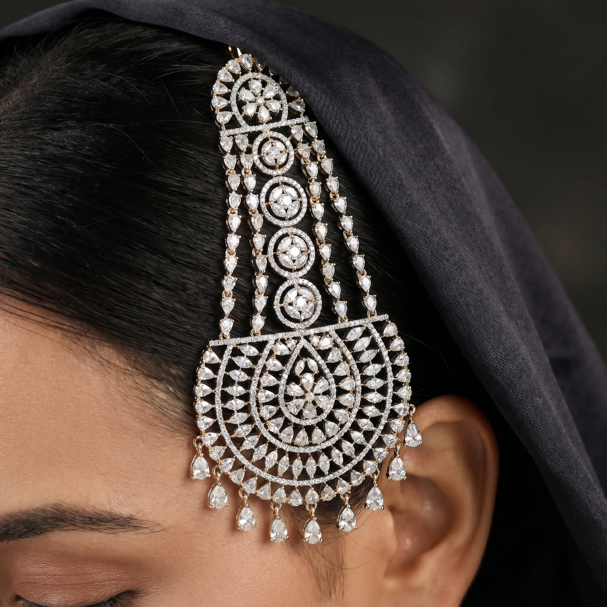Rhodium Jhumar with Draped Chains and Crescent Centrepiece