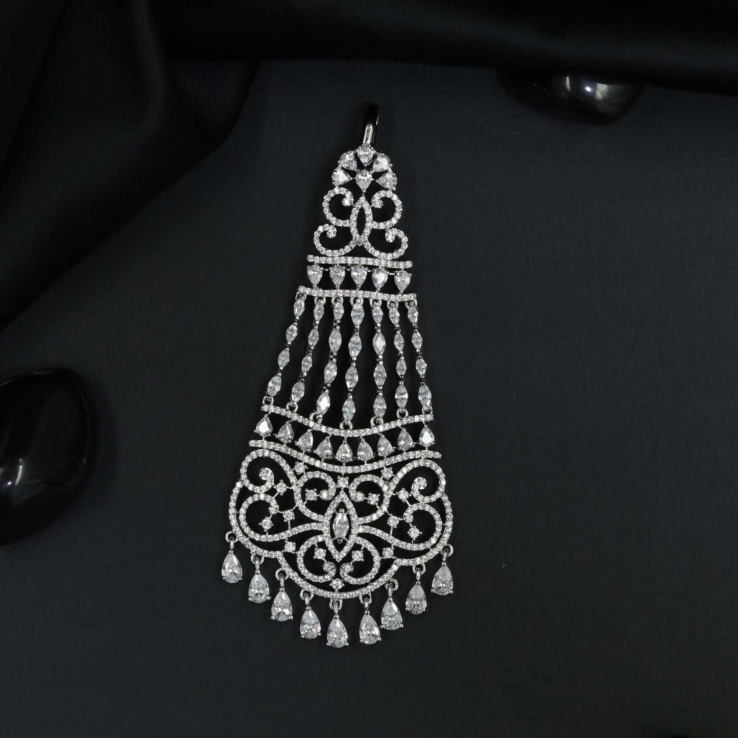 Jhumar with Filigree Panels and Dangling Drop Accents