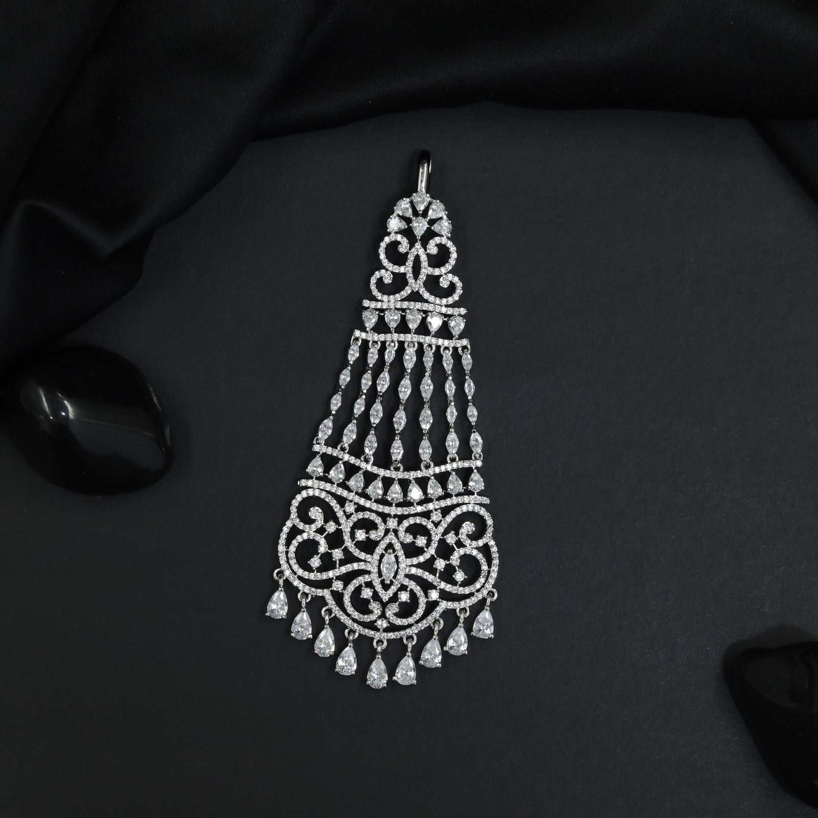 Rhodium Jhumar with Scrollwork Design and Cascading Tassel Strands