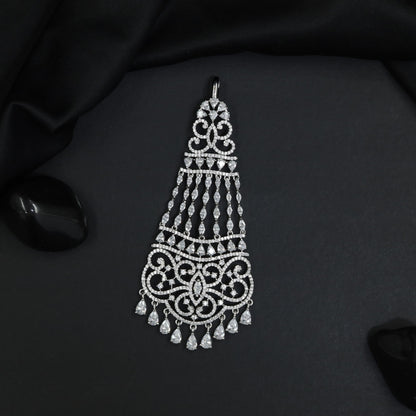 Rhodium Jhumar with Scrollwork Design and Cascading Tassel Strands