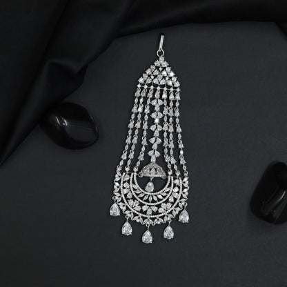 Rhodium Jhumar with Cascading Tassel Strands and Floral Arch Design