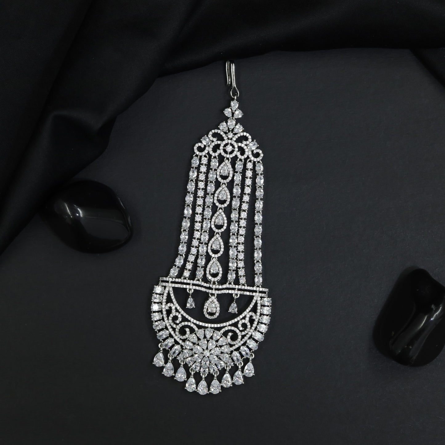 Statement Rhodium Jhumar with Cascading Chain Arrangement and Fringe