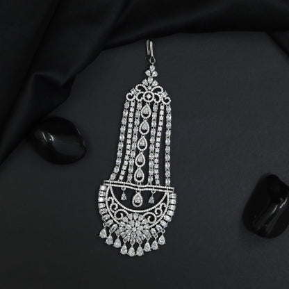 Statement Rhodium Jhumar with Cascading Chain Arrangement and Fringe