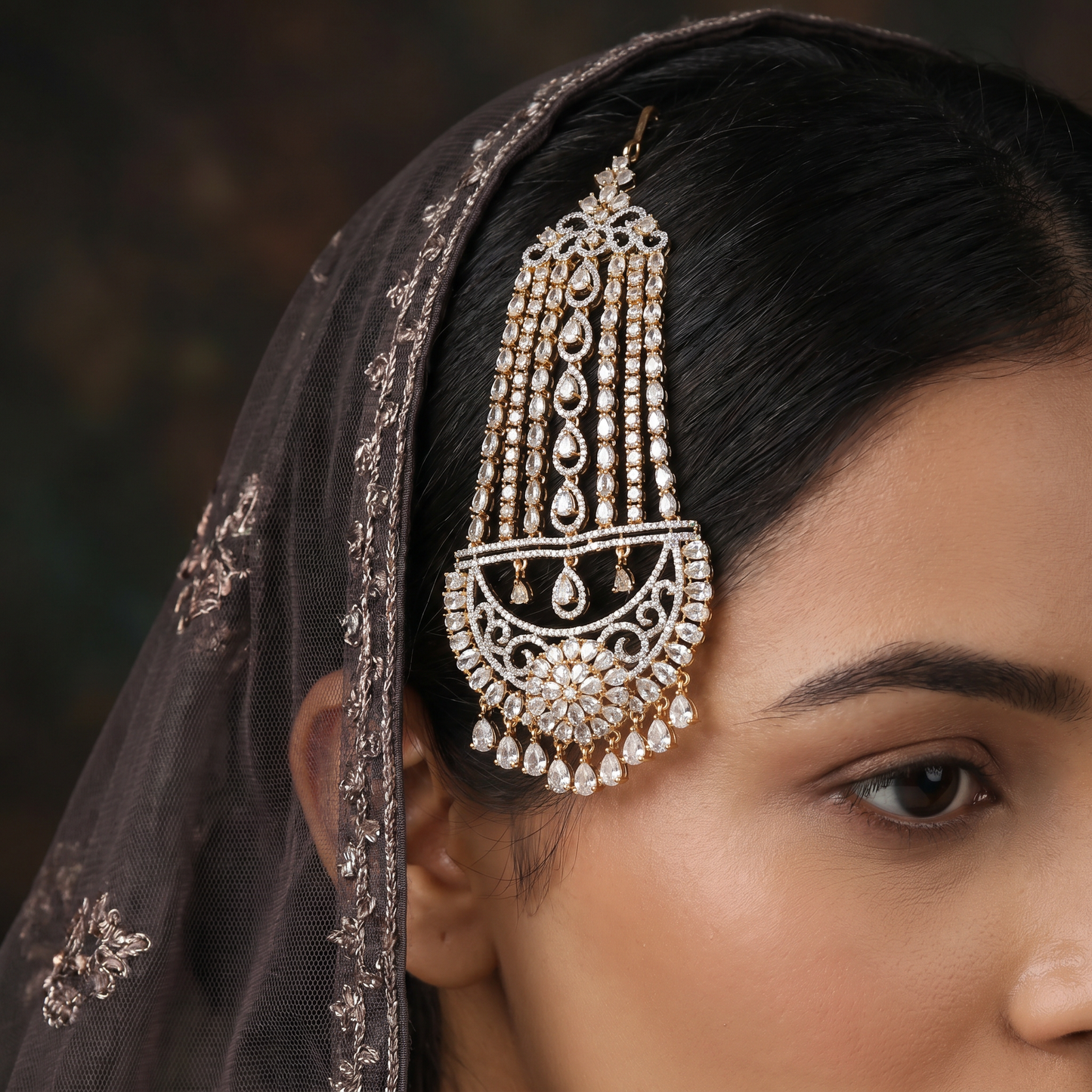 Statement Rhodium Jhumar with Cascading Chain Arrangement and Fringe