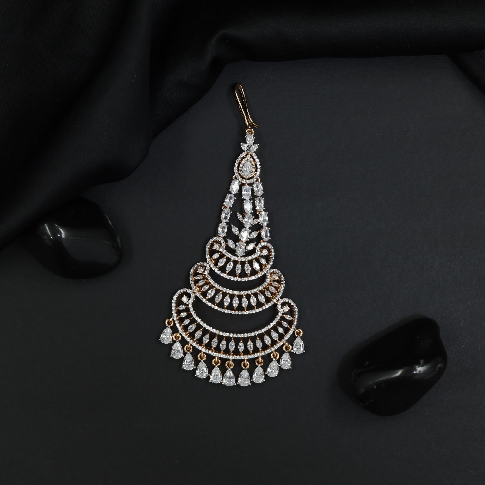 Ornate Gj Jhumar with Layered Crescent Pattern and Fringe