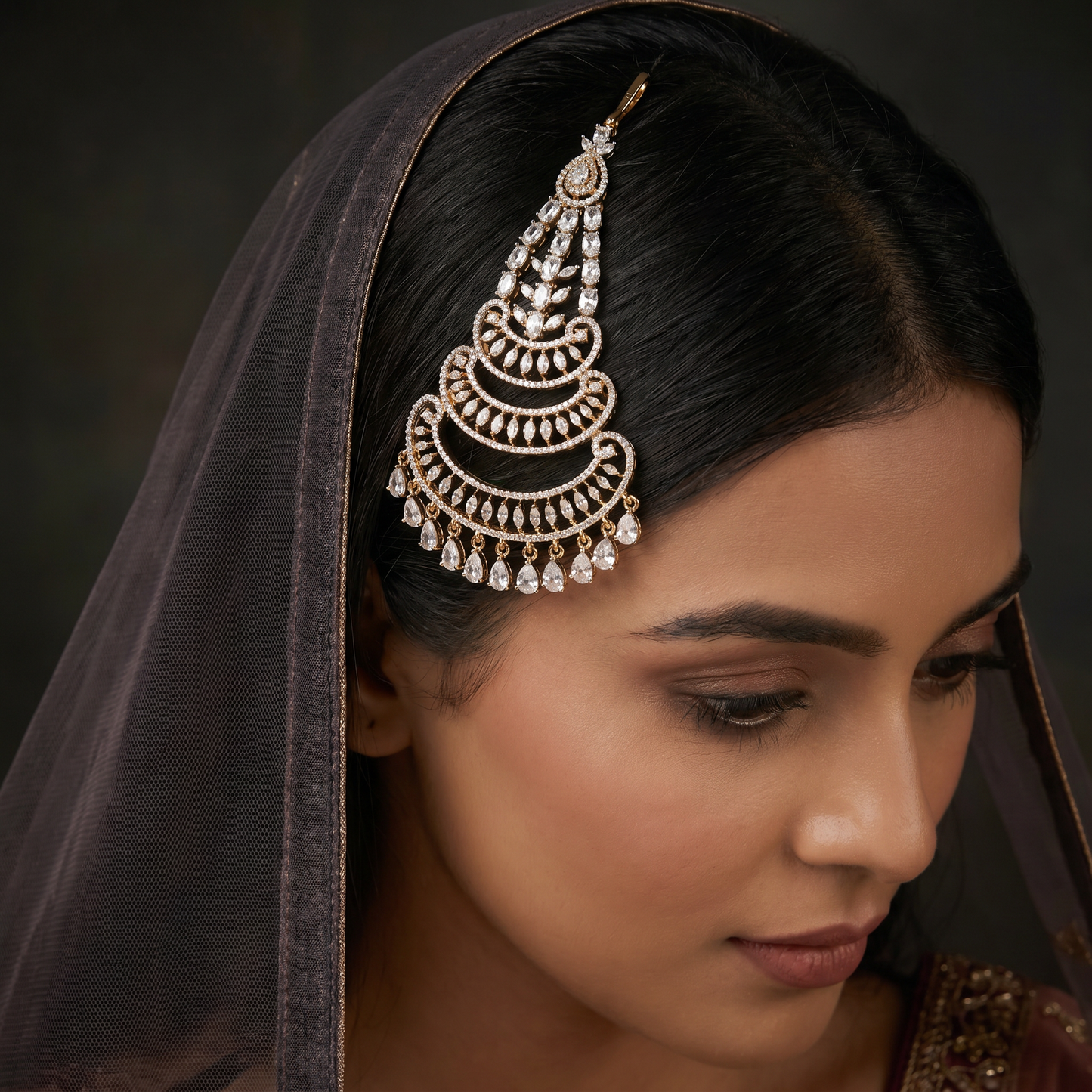 Ornate Gj Jhumar with Layered Crescent Pattern and Fringe