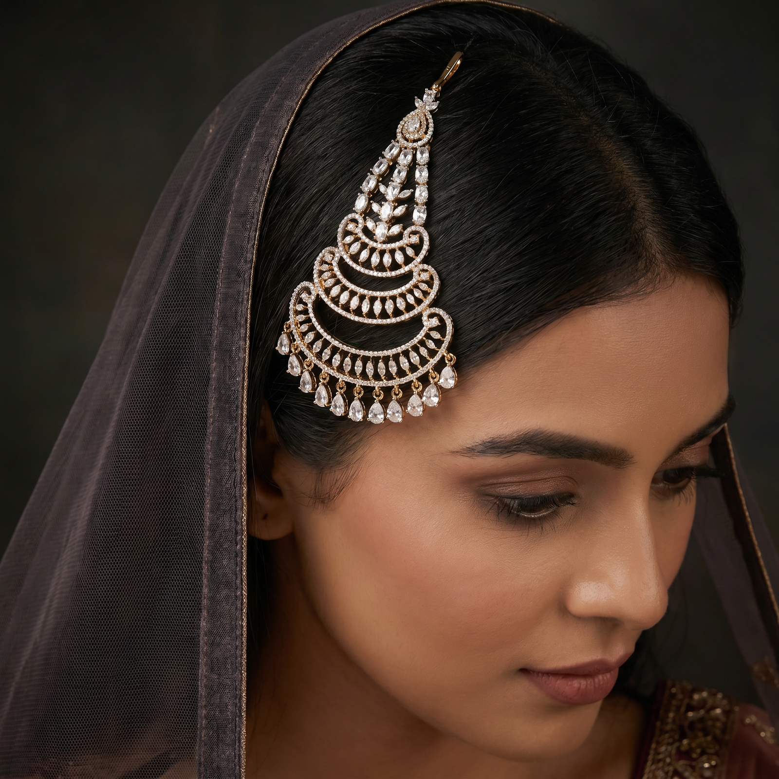Ornate Gj Jhumar with Layered Crescent Pattern and Fringe