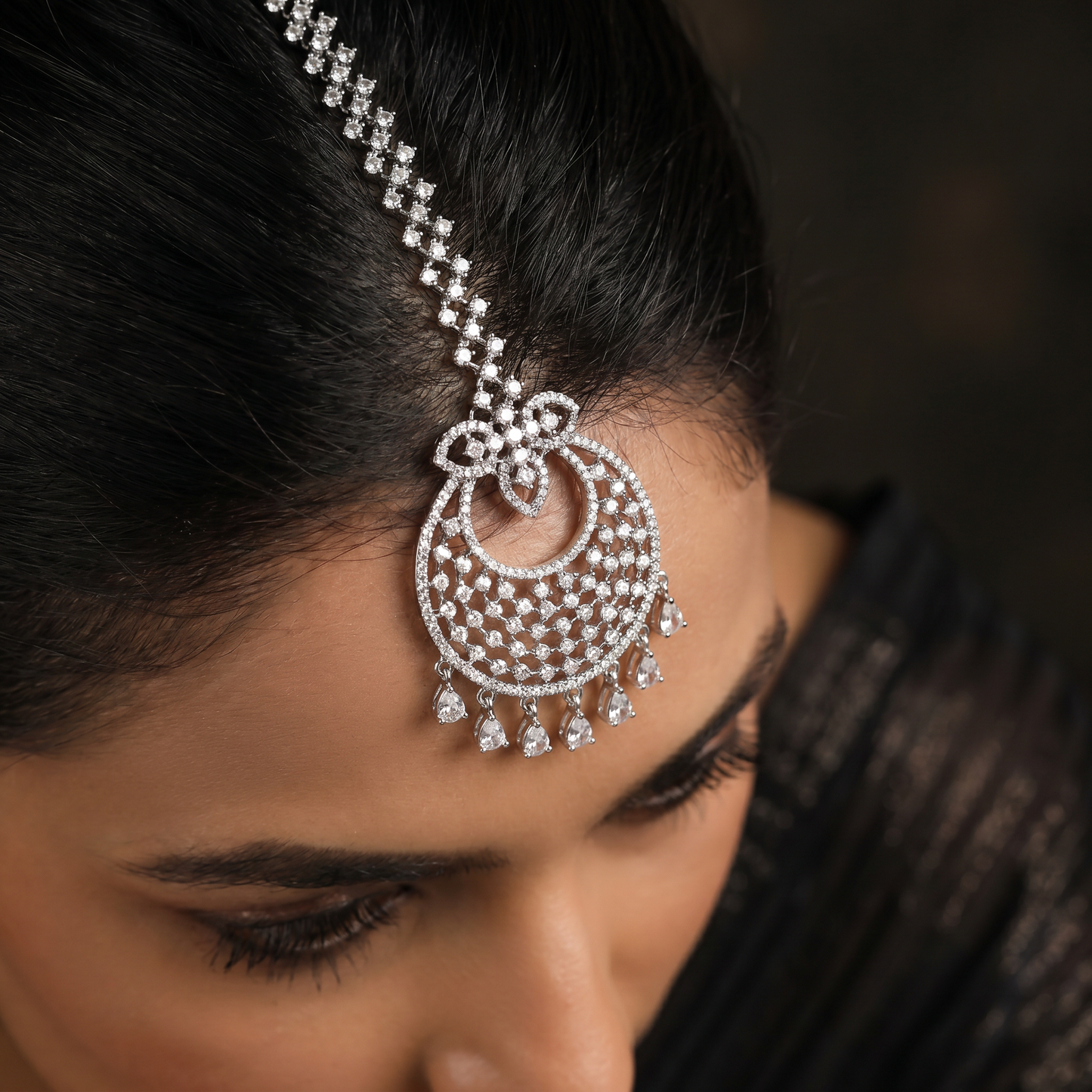 Openwork Tikka Featuring Crescent Pendant and Hanging Drops